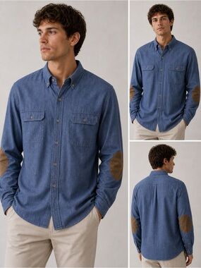 Chaps Blue Button Down Shirt Large Cotton Elbow Patch Casual Workwear